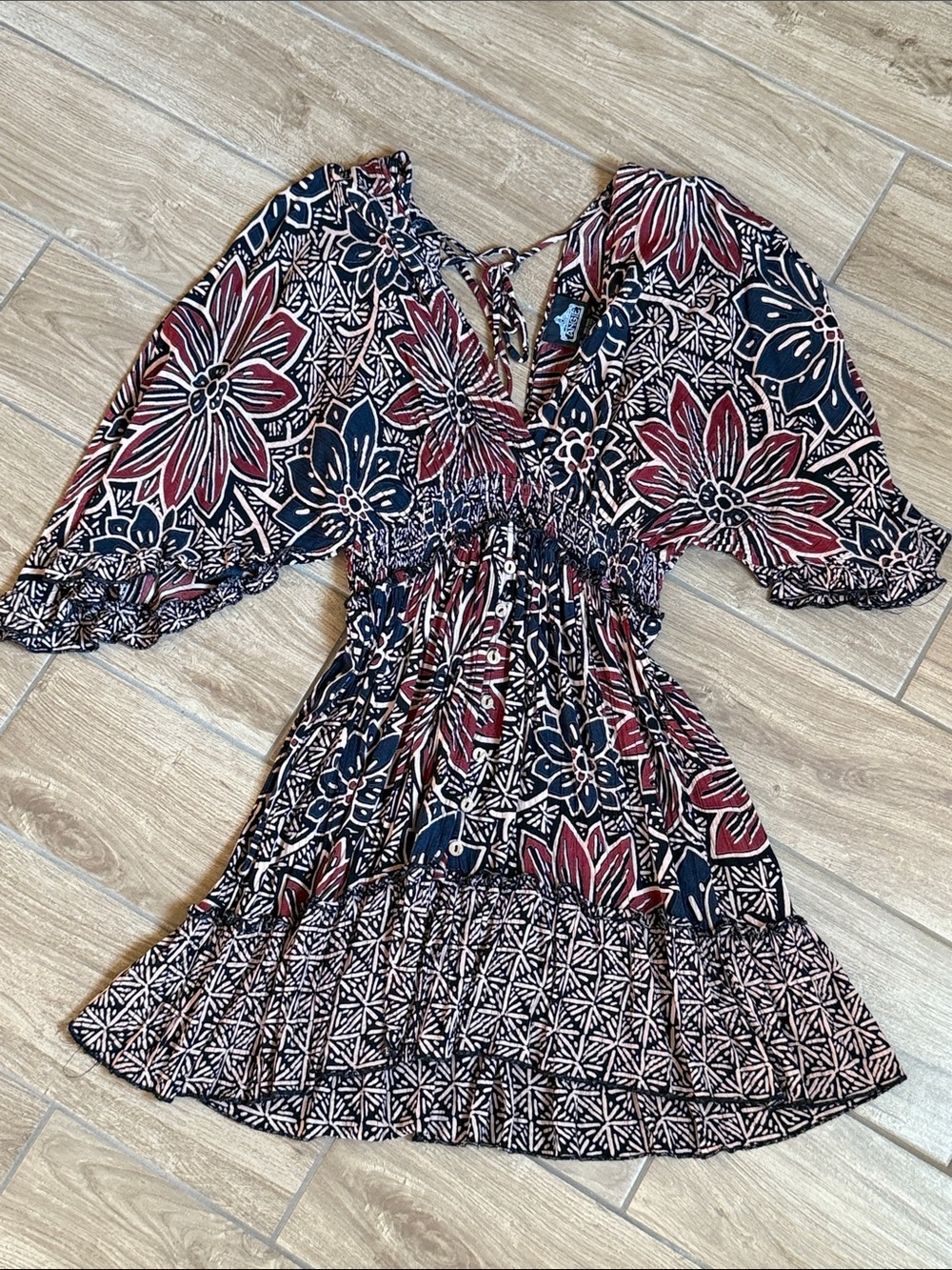 Angie Floral Mini Dress - Navy, Burgundy & Cream